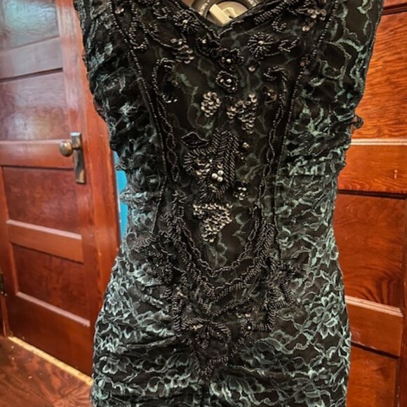 Black and Teal, Vintage, 1988, Victorian-inspired Beaded/Lace Gown, Size 6 - Picture 6 of 10